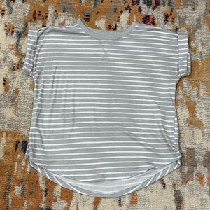 Grey White Stripe short sleeve crew neck t-shirt top sz small ladies women tee